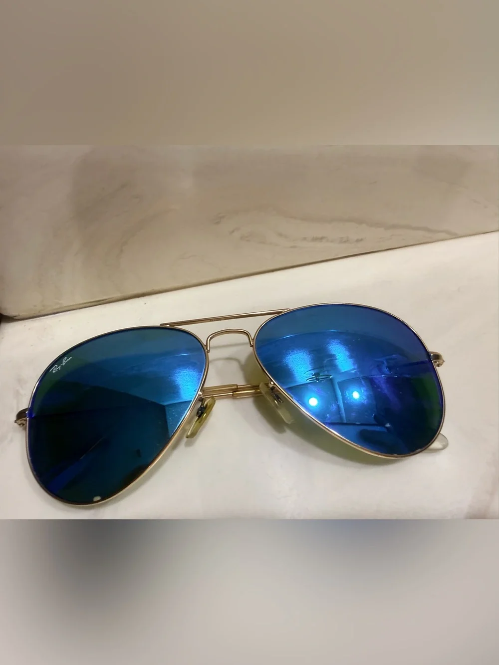 Ray-Ban Gold Frame Sunglasses with Blue Mirrored Lenses - Men